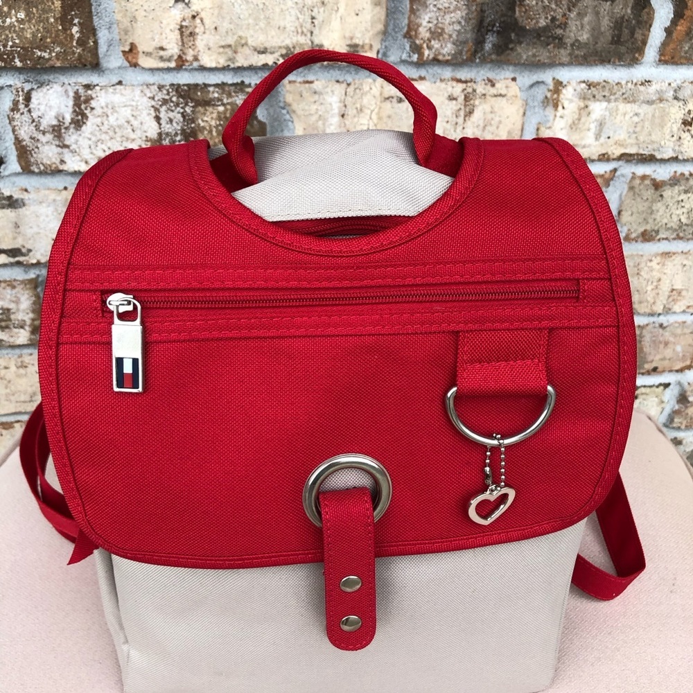 Tommy Hilfiger Red Tan Medium Size Snap/ Zipper Closure Women’s Backpack - Picture 3 of 16